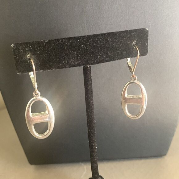 Gold Crescent hoops and Silver Tab Earrings - 2 PAIRS, Unmarked - Picture 5 of 6